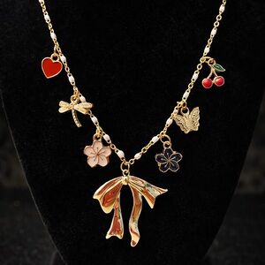18k Gold Charm Necklace with Red and Gold Accents